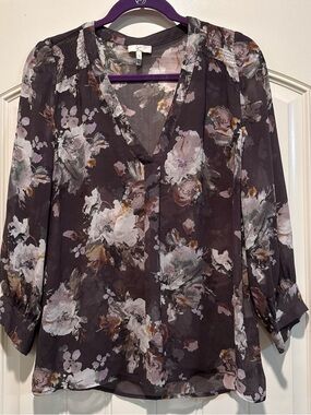 Joie Plum Silk Floral V-Neck Sheer Blouse